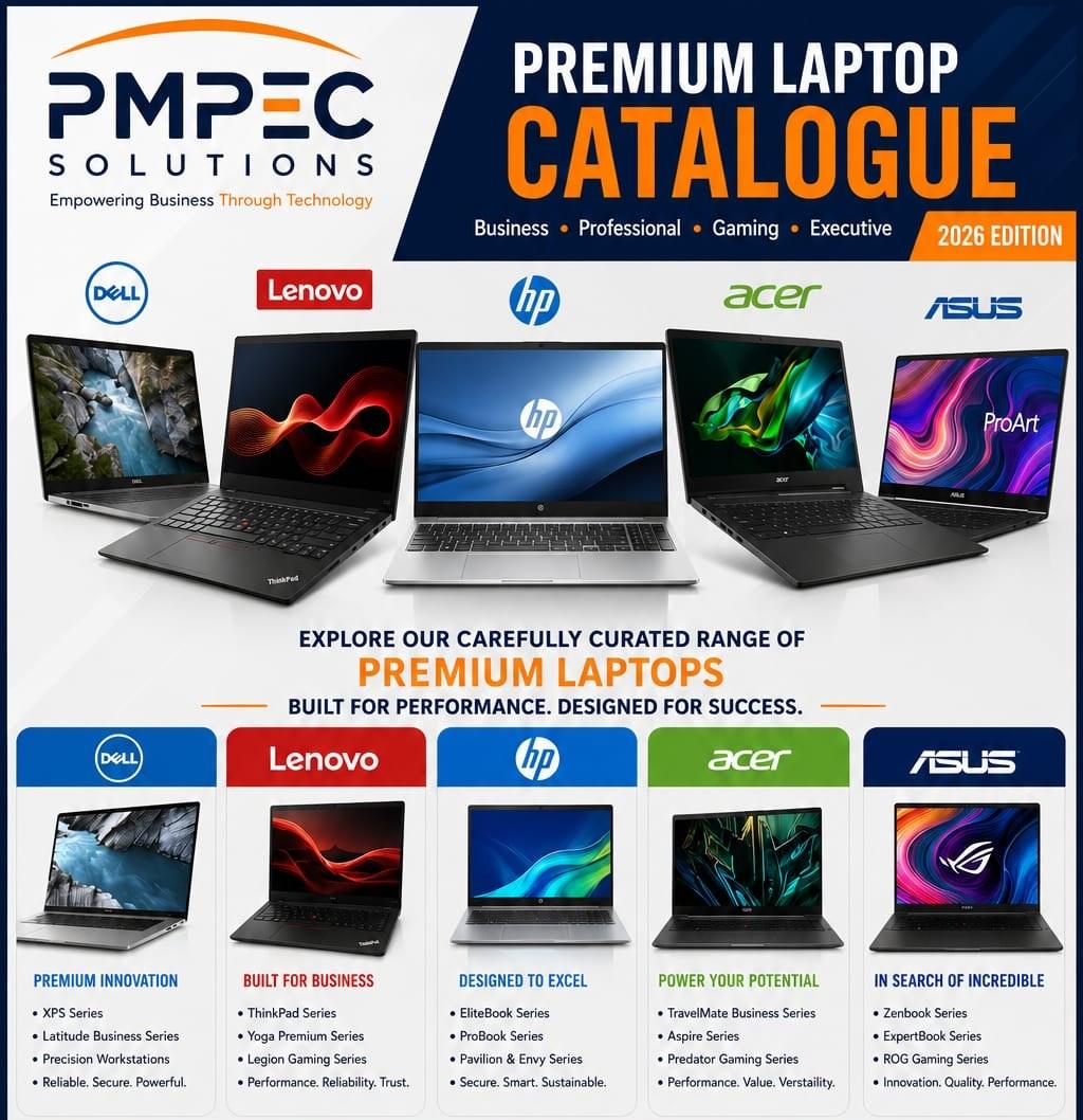 PMPEC Solutions laptop catalogue showing Dell, Lenovo, HP, Acer and ASUS notebook ranges with their business and performance series