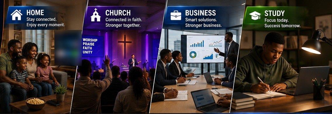 PMPEC Solutions technology in use — a family at home, a church service, a business meeting, and a student working at a desk