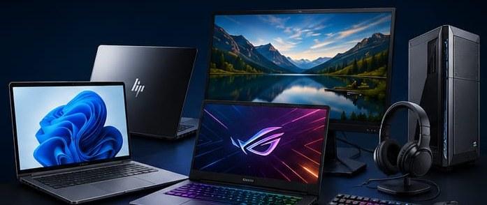 Business computing equipment supplied by PMPEC Solutions — notebooks, a desktop tower, a monitor, headset, keyboard and mouse