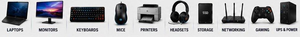 The product categories PMPEC Solutions supplies: laptops, monitors, keyboards, mice, printers, headsets, storage, networking, gaming, and UPS and power equipment